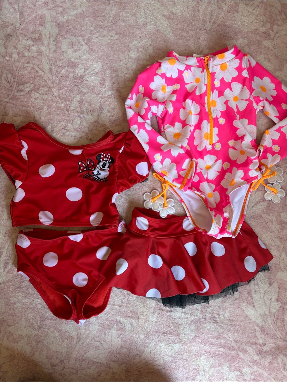 Red Polka Dot Two-Piece Swim Set & Pink Daisy Long-Sleeve Swimsuit